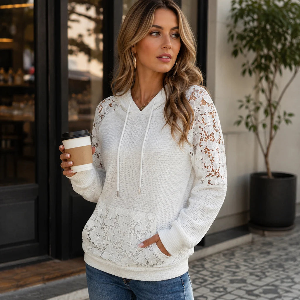 Bianca - Sudadera Con Capucha y Encaje Floral Con Bolsillo Delantero