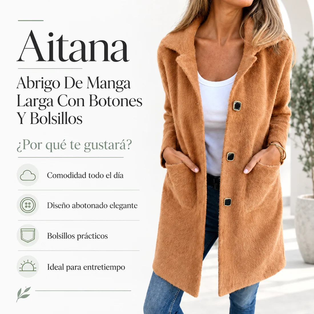Aitana - Abrigo De Manga Larga Con Botones y Bolsillos