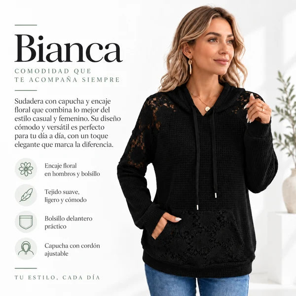 Bianca - Sudadera Con Capucha y Encaje Floral Con Bolsillo Delantero